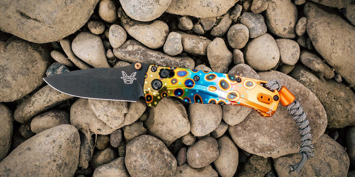 The Benchmade x Abel Reels Mini Adira Collab Knife featuring the one of a kind artwork of Derek Deyoung. 