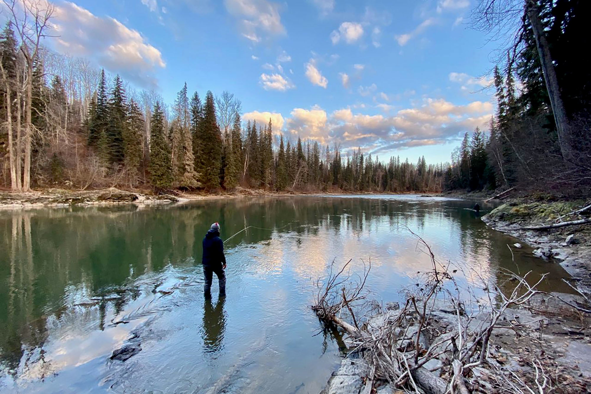 An angler fly fishing for steelhead using a spey rod on British Colombia's iconic Bulkley River.