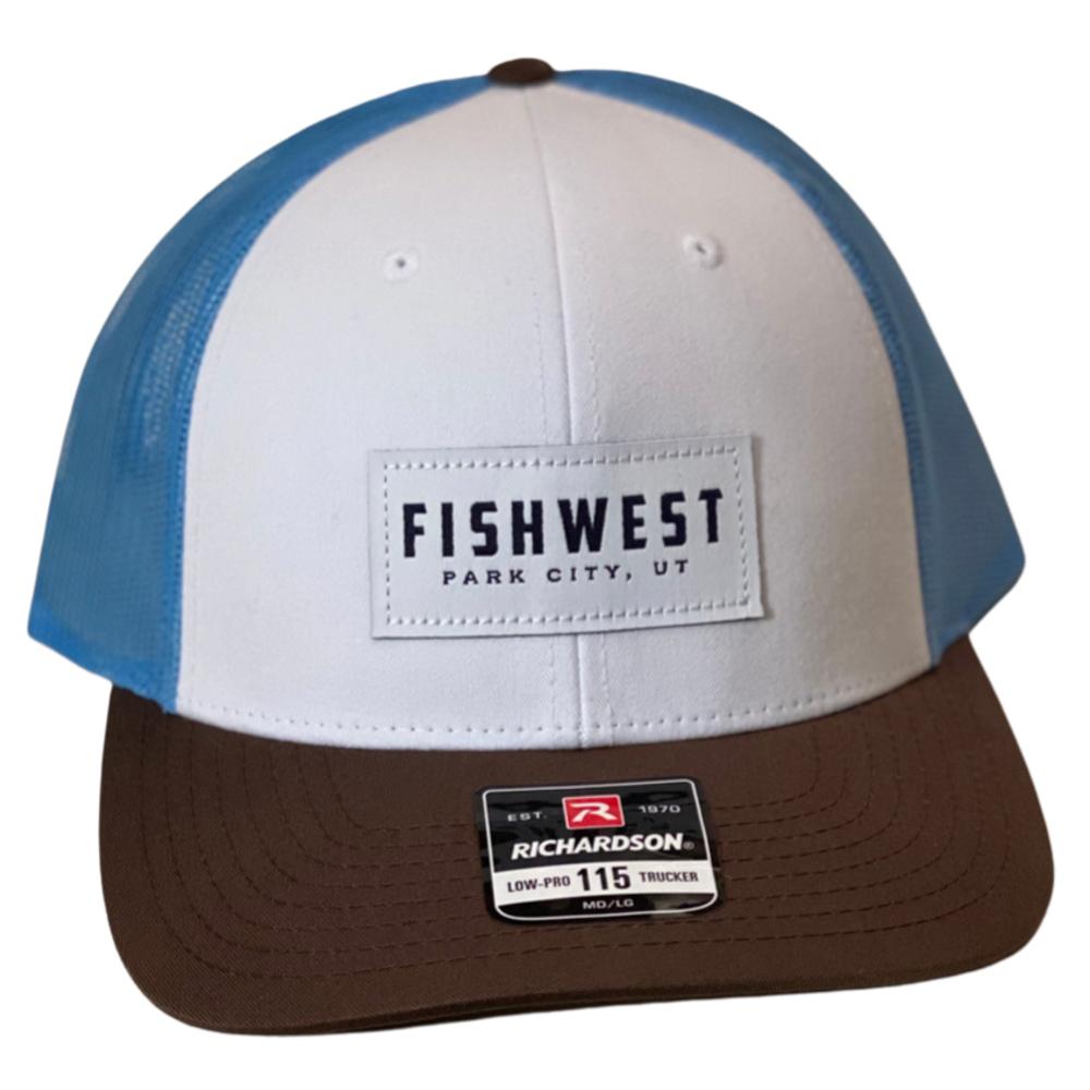 Fishwest Park City Logo Low Profile Trucker Hat in White and Columbia Blue and Brown