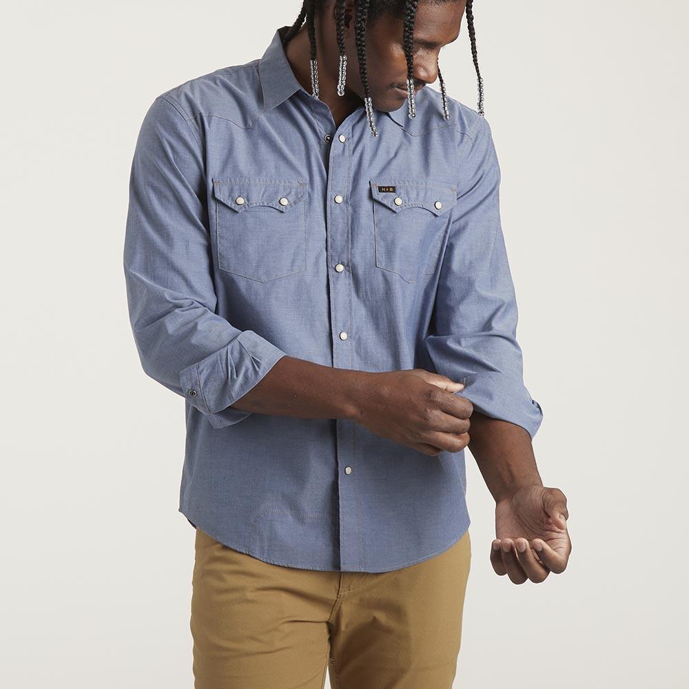 Howler Brothers Crosscut Snapshirt Mens in Classic Blue Chambray
