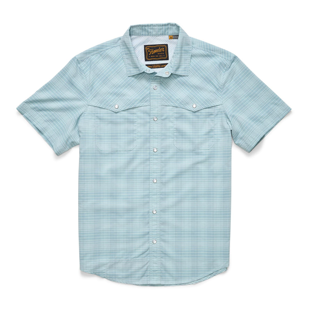 Howler Brothers Open Country Tech Shirt Mens in Coopers Plaid Sterling Blue