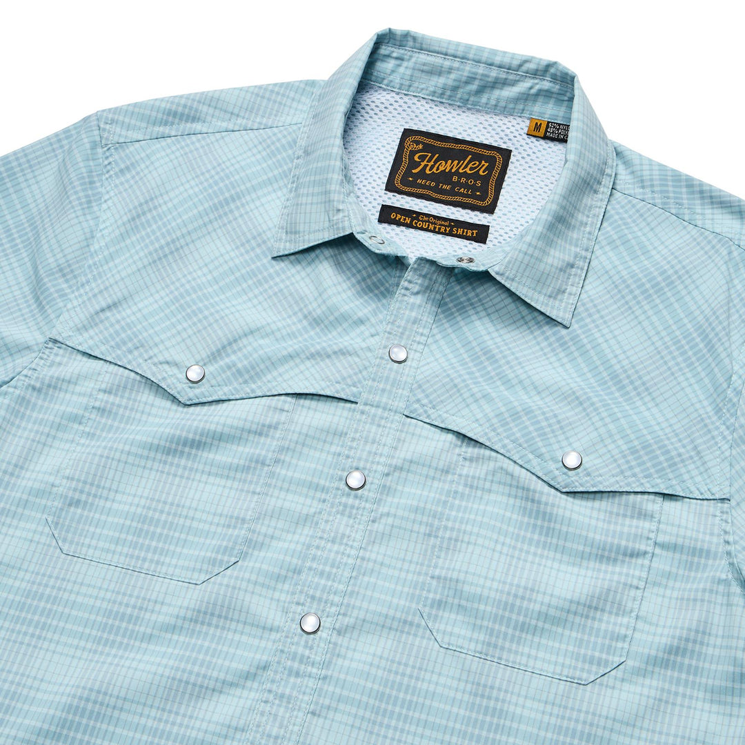 Howler Brothers Open Country Tech Shirt Mens in Coopers Plaid Sterling Blue