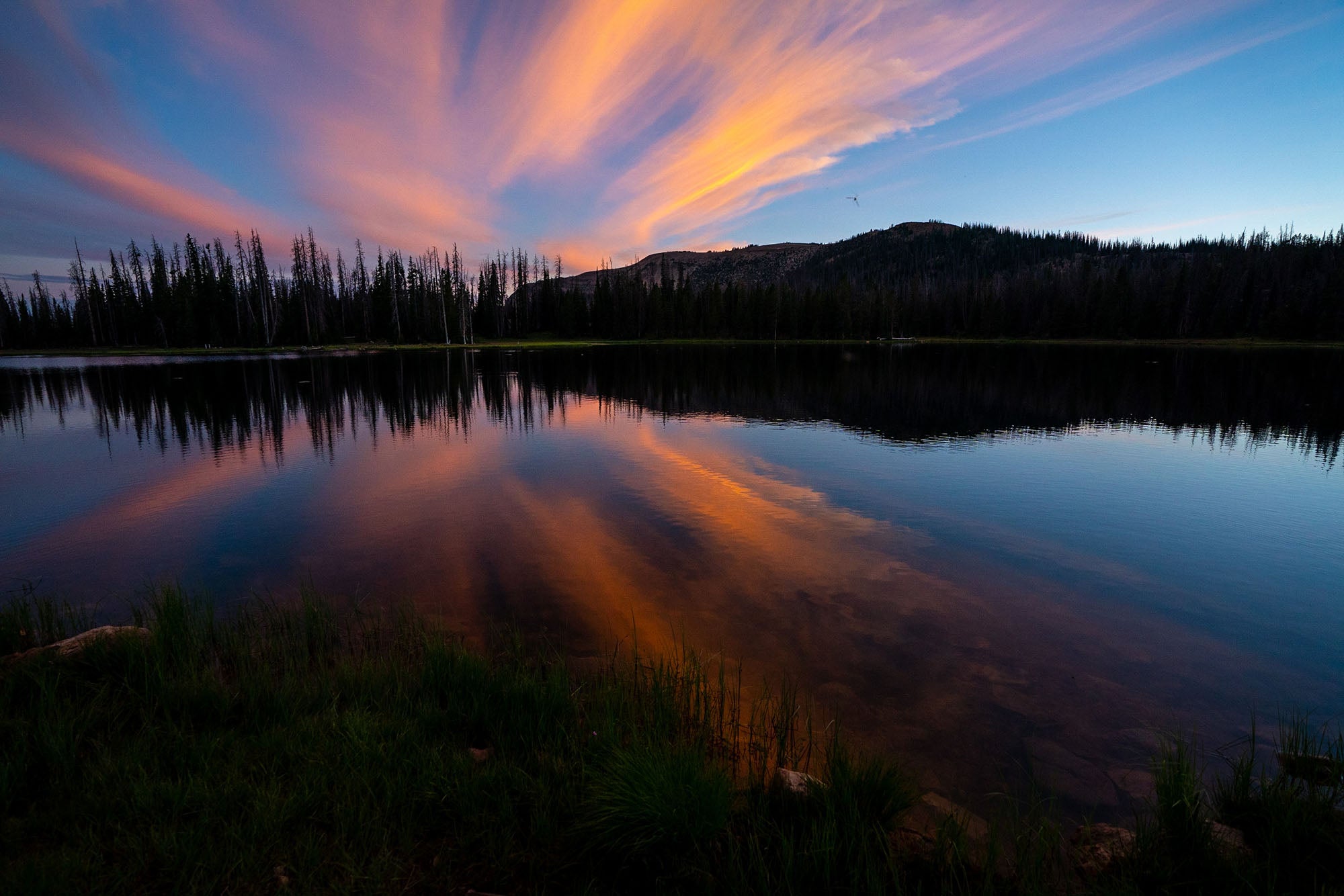 A scenic landscape photograph of a lake in Utah's Uinta National Forest at sunset, with vibrant orange, pink, and blue clouds reflected in the water, dark tree silhouettes along the horizon, and a mountain in the background.