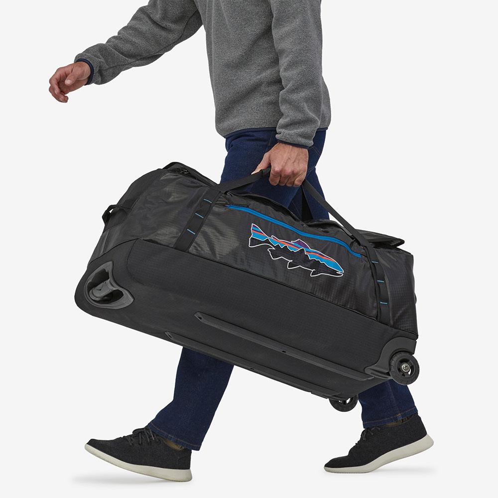 Patagonia Black Hole Wheeled Duffel 100L in Black with Fitz Trout