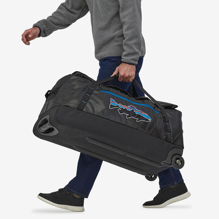 Patagonia Black Hole Wheeled Duffel 100L in Black with Fitz Trout