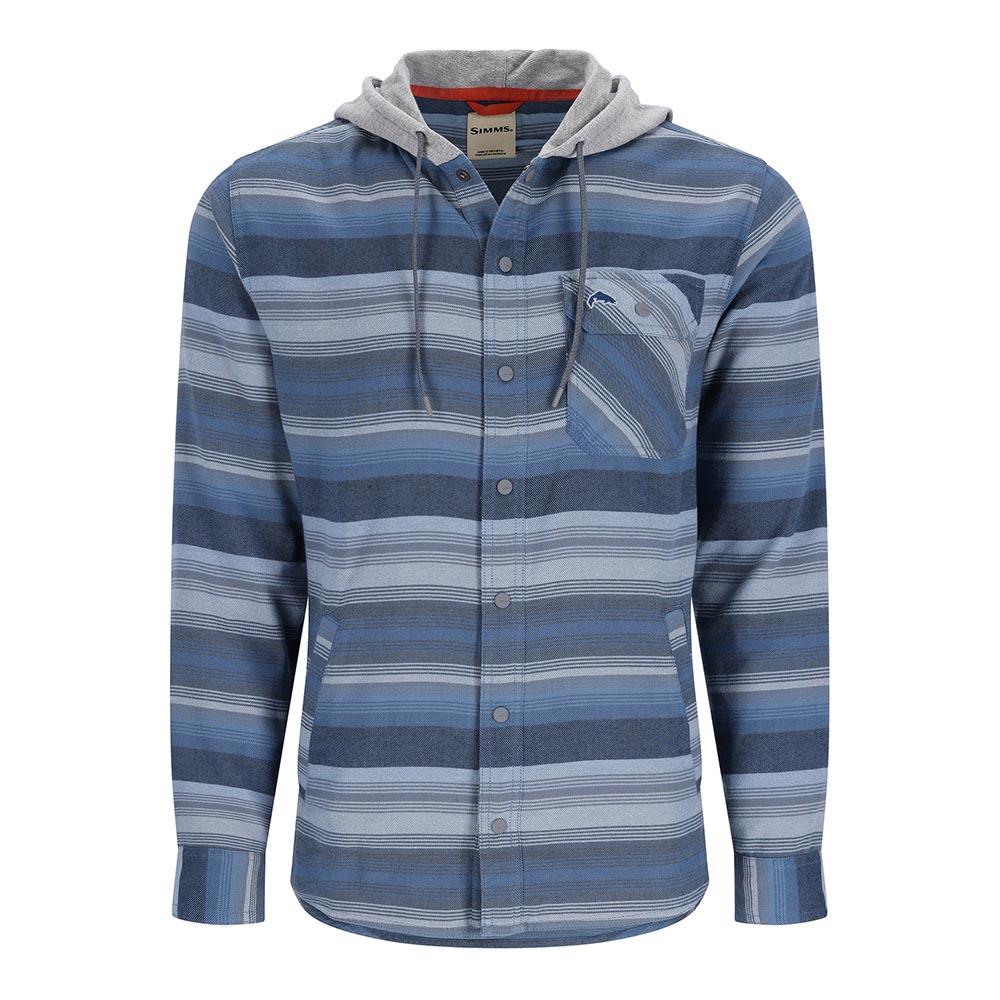 Simms Santee Flannel Hoody Men's in Midnight and Neptune Blue Stripe