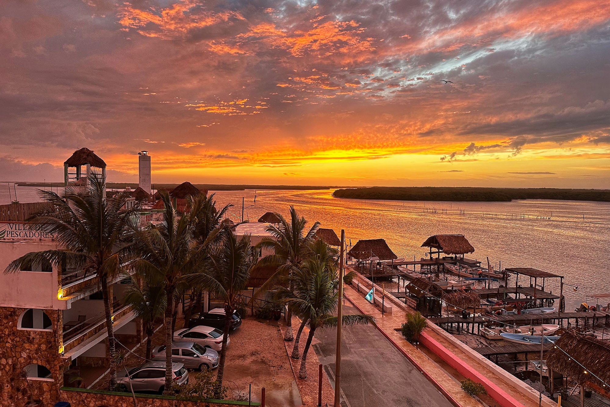 A beautiful sunset view from the roof of the Tarpon Cay Lodge in Rio Llagartos, Mexico